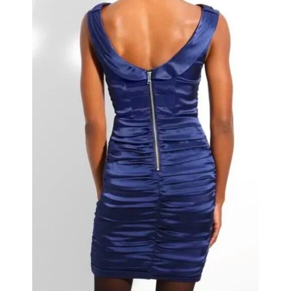 Alice + Olivia Silky Voloshin Aliska Navy Blue Ruched Satin Sheath Dress - Picture 11 of 15